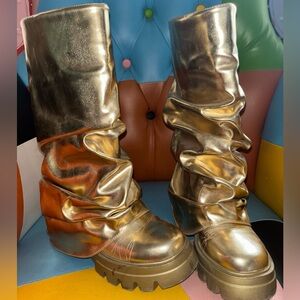 FAUX LEATHER SLOUCHING Gold Women's CHUNKY Boots Sz 7.5